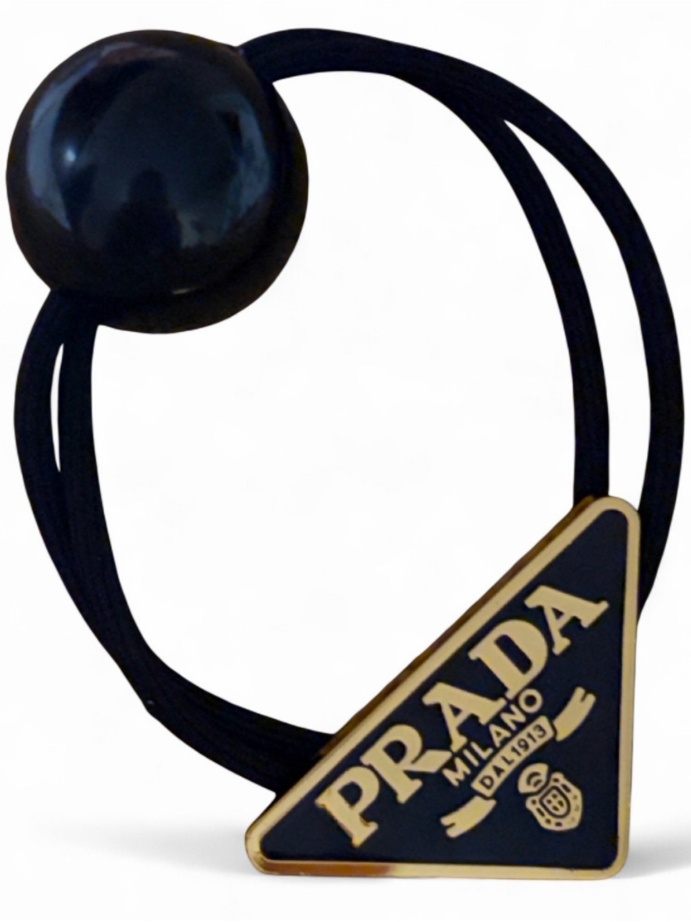 Prada Black and Gold Triangle Logo Hair Tie